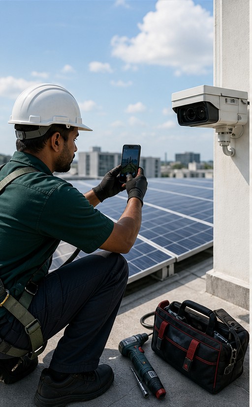 Technician documenting solar panel and CCTV work