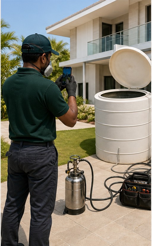Professional documenting a water tank cleaning job